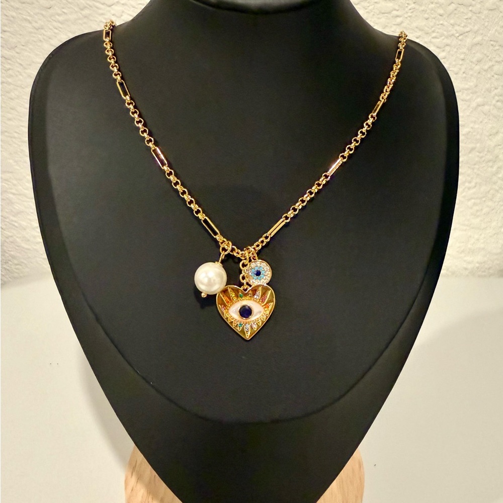 Kate Spade Gold Necklace with Heart Evil Eye and Pearl Charms